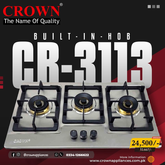 Crown CR-3113 Built-In Gas Hob – 3 Burner Stainless Steel Cooktop with Auto Ignition